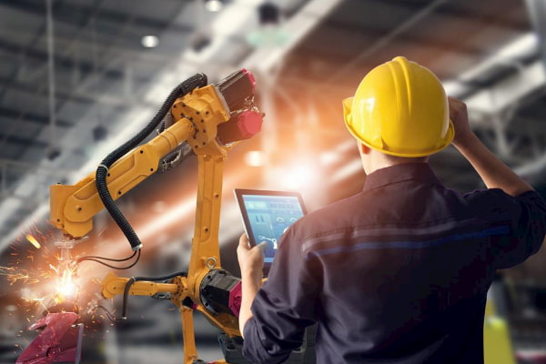 SG - Robotics and Industry 4.0 Engineer using tablet check and control automation robot arms